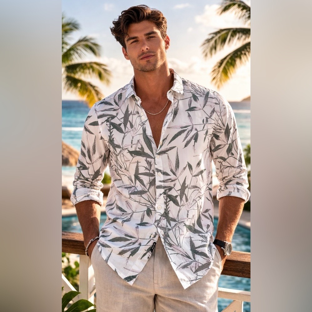 Men’s Tropical Leaf Print Button Down Shirt White Green Long Sleeve Resort M NWT